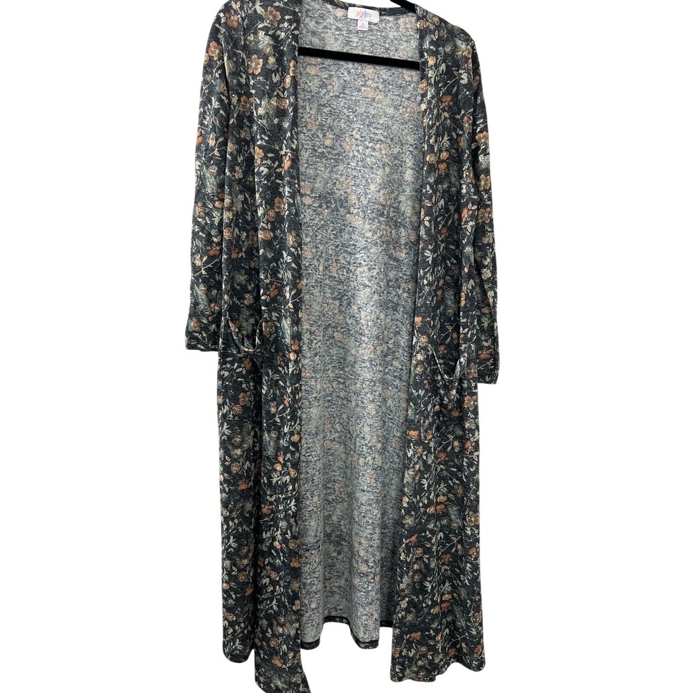 LuLaRoe Floral Linen Blend Duster Cardigan S Grey Pockets Boho Cottagecore